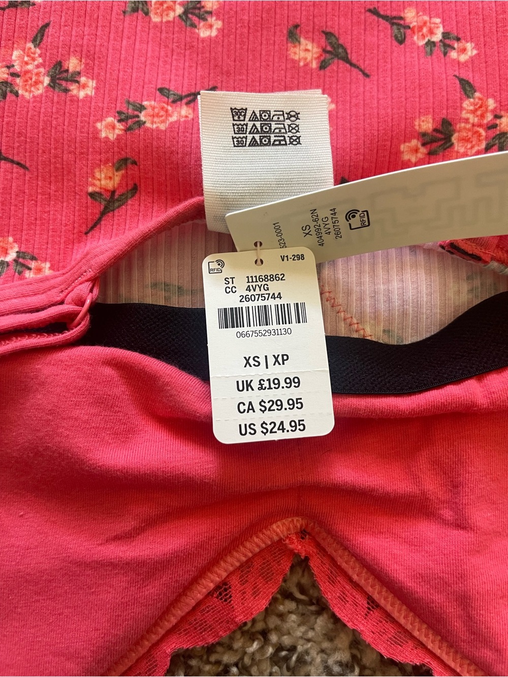 NWT Victoria's Secret PINK Floral Lace Trim Ribbed Bodysuit Cami Top XS Coral - Picture 12 of 15